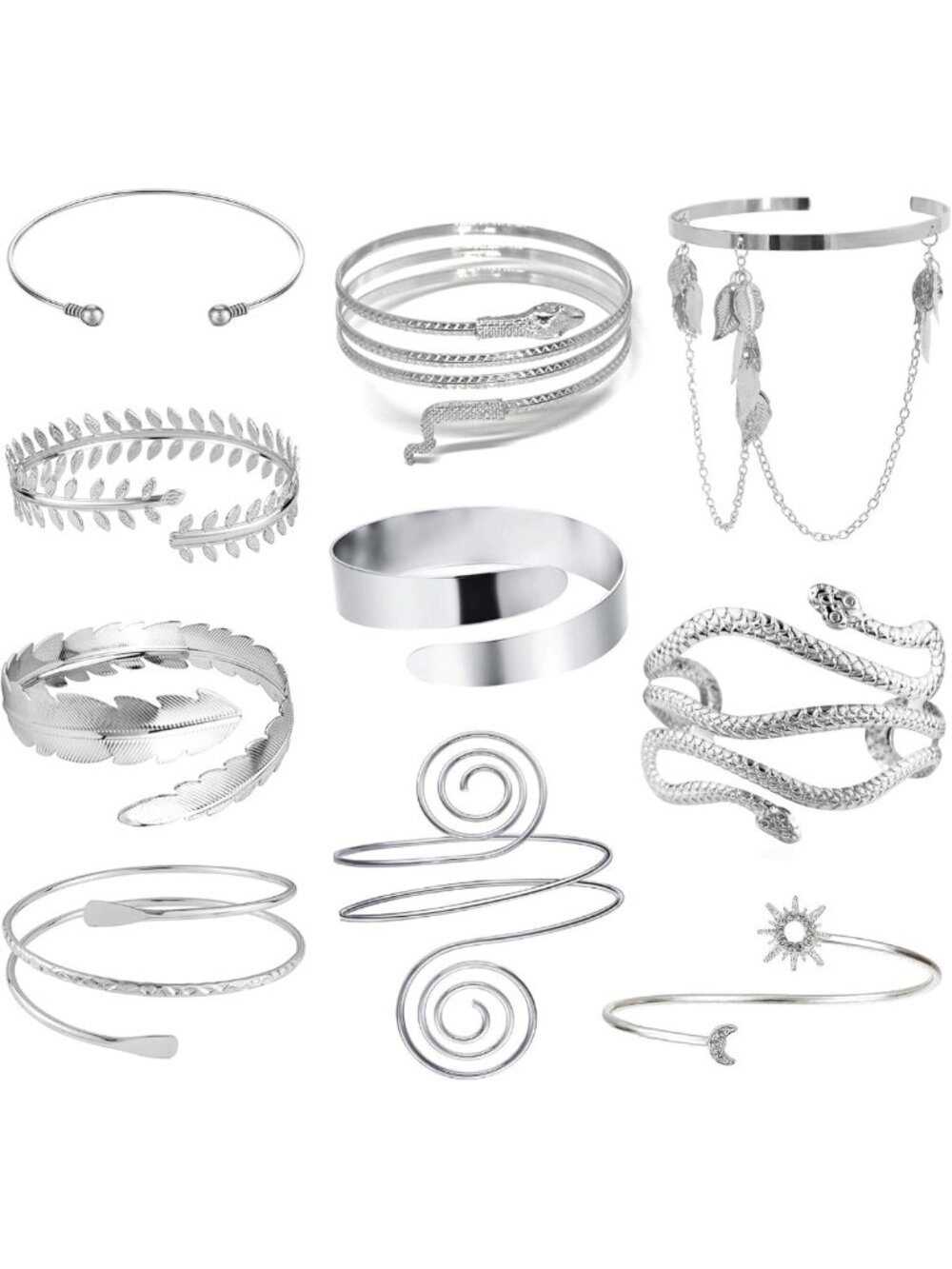 6-10 Pcs Adjustable Arm Cuff Bracelets for Women - Boho Snake Feather Armbands